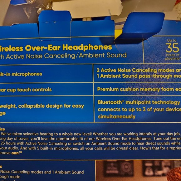 onn. Wireless Over-Ear Headphones with Active Noise Canceling, Black - Picture 9 of 10